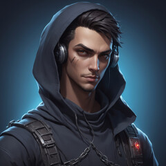 Geek Portrait of Hacker looking face. Technology nerd character from 3d render video game, badass expression.
