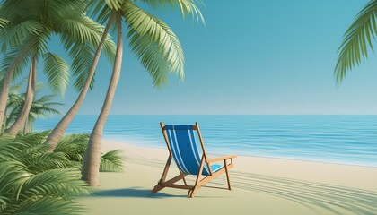 Beach scene with a blue ocean, coconut trees, and empty beach chair. 3D render
