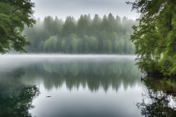 Misty forest reflected in calm lake, serene nature scene, tranquil water, foggy morning, peaceful landscape, lush greenery, scenic view - Powered by Adobe