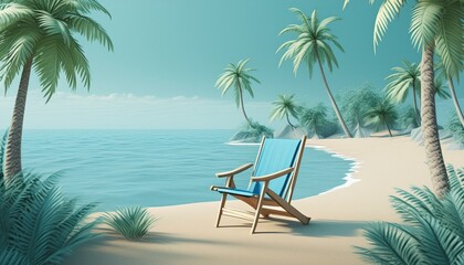 Beach scene with a blue ocean, coconut trees, and empty beach chair. 3D render

