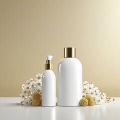 cosmetic dispenser plastic bottle with white flowers
