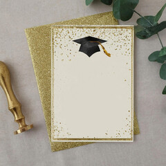 A graduation card with a gold frame and a black cap and gown on top of it