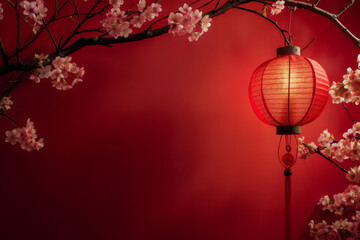 Fototapeta premium Elegant red chinese lantern with cherry blossoms on a vibrant red background, symbolizing celebration and cultural heritage