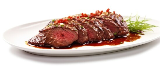 Fried beef on a plate with sauce, isolated on a white background
