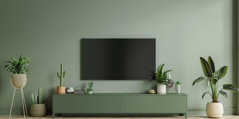 Minimalist living room interior have green cabinet for TV and decor accessories with green color wall