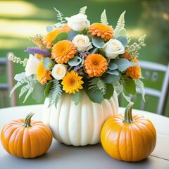A vase of flowers sits on a table next to a pumpkin and a few other pumpkins
