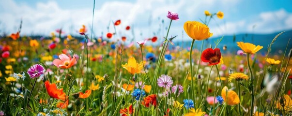 A field of flowers with a blue sky in the background. The flowers are of various colors and sizes, and they are scattered throughout the field. Concept of peace and tranquility, as the flowers