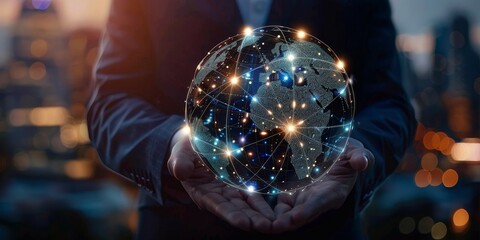 Fototapeta premium Businessman hold global business globe with network connected to digital marketing strategy and creative solution. Business development technology to support creativity idea