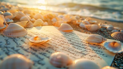 Fototapeta premium The setting sun casts a warm glow on a journal page filled with elegant cursive surrounded by tered shells and pebbles.
