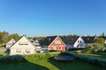 View of traditional Scandinavian timber houses in under clear blue sky