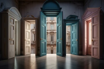 Abstract Surreal doors choices. Future way. Generate Ai