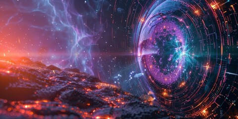 Obraz premium Quantum Shield, shimmering shield enveloping a digital landscape, safeguarding it from quantum threats