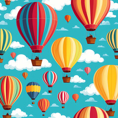 Obraz premium Hot air balloons flying in sky with clouds seamless pattern template adventure children book coloring kid background travel 