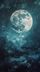 Painting of a full moon with clouds and stars in the sky