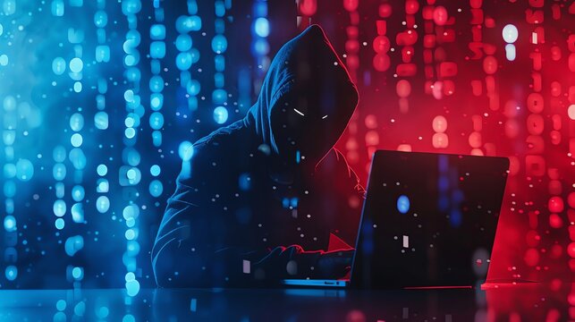 A hacker in a black hoodie with a laptop working on computer network security and cyber attack concepts, the hacker sitting at a table coding with a digital background of binary numbers.