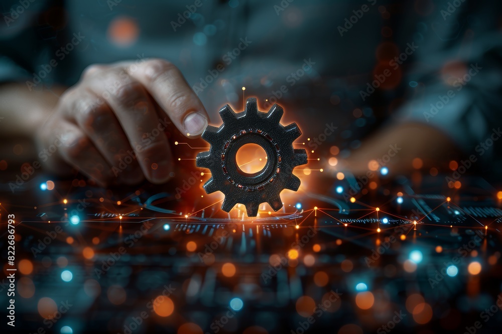 Poster Hand interacting with a digital interface displaying interconnected gears, representing the advanced technology and innovation in modern engineering and cyber systems, Generative AI
