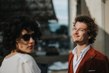Stylish young man in a suit smirking while a woman with curly hair and sunglasses looks away...