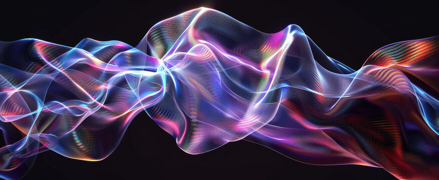 Nano material abstract background, waves of futuristic fabric, iridescent cloth with data lights in future. Theme of tech, ai technology, nanotechnology, structure
