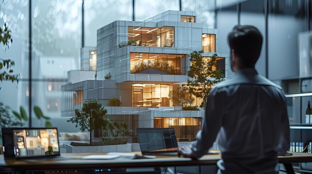 An architect using a 3D visualization software to design a building,