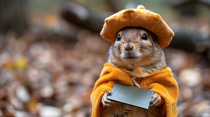 Obraz premium A cute squirrel wearing a beret and cloak holds a blank sign in a forest setting.