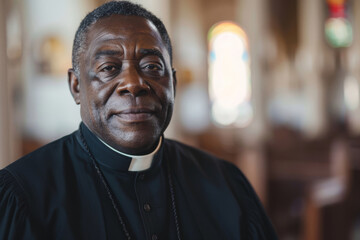 Obraz premium Dignified priest with a gentle expression stands in a sunlit church, exuding a sense of peace and deep spirituality