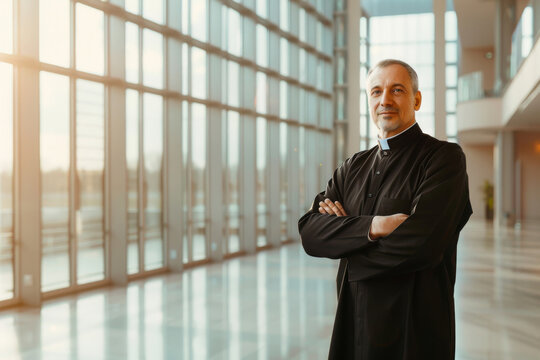 Poised priest stands with arms crossed in a contemporary church, conveying serenity and spiritual leadership under soft, natural lighting