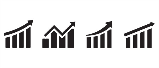 Growths chart collection. Profit growing symbol. Set of monochrome rising graph icons, Progress bar. Business chart with arrow. Bar diagram. Growth success arrow icon. Progress symbol. Chart increase