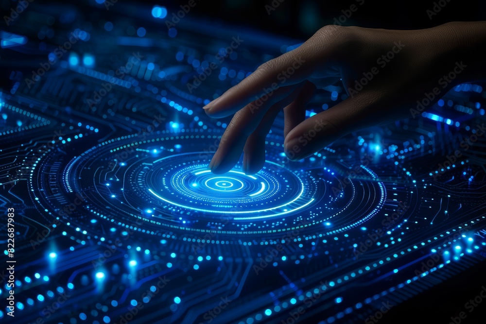 Poster Hand interacting with a digital interface displaying interconnected gears, representing the advanced technology and innovation in modern engineering and cyber systems, Generative AI