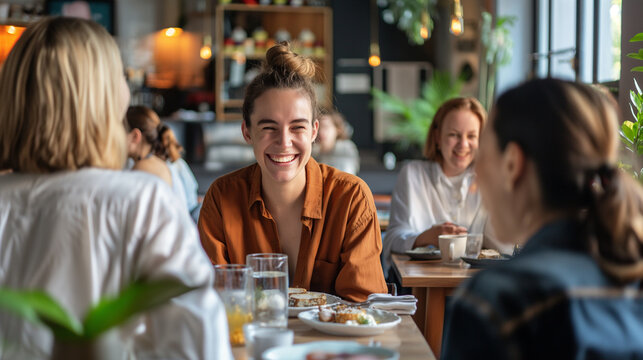 A group of coworkers laughing and chatting over lunch at a caf&eacute;. Dynamic and dramatic composition, with cope space