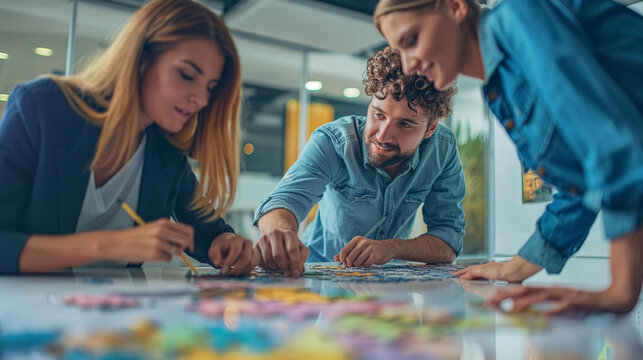 Employees working together to solve a large puzzle on a conference table. Dynamic and dramatic composition, with cope space