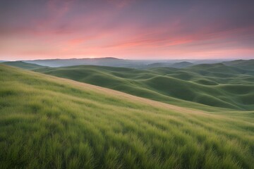 Sunset over rolling green hills, pink grass in foreground, tranquil landscape, serene evening, nature photography, scenic view