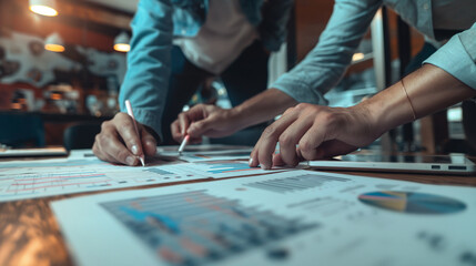 Colleagues collaborating on a project plan with diagrams and charts. Dynamic and dramatic composition, with cope space