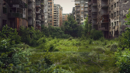 City many years after end of world, abandoned buildings overgrown with grass and green plants. Theme of post apocalypse, war, future, destroy, fantasy.