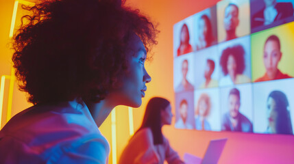 eam members connecting and interacting via video conference. Dynamic and dramatic composition, with cope space