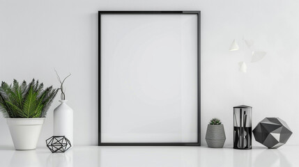 Black poster frame in a stark white office, alongside a sleek, modern desk and geometric wall art.