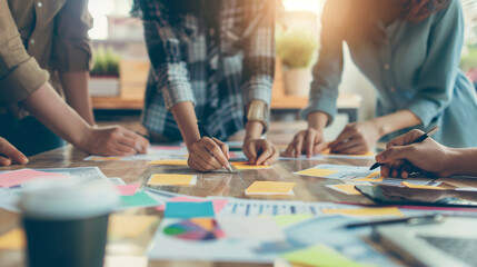 Fototapeta premium Team members using creative tools and brainstorming innovative ideas. Dynamic and dramatic composition, with cope space