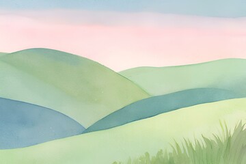 Obraz premium Watercolor landscape of rolling hills, pastel colors, serene nature scene, green and blue hues, tranquil horizon, peaceful artwork, scenic view
