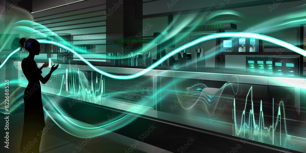 Fototapete Abstract depiction of futuristic technology with digital waves and interfaces, highlighting the flow of data and the innovative nature of high-tech communication and electronic systems, Generative AI