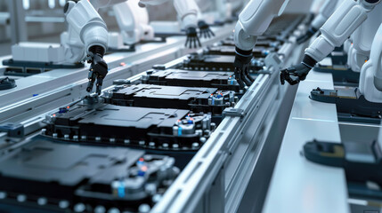 Robot arms works with electric car batteries at automated line in modern factory, technology of lithium energy for vehicle. Theme of ev, production, business