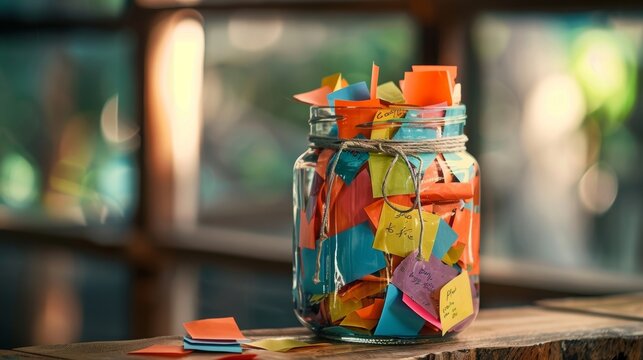 A picture of a gratitude jar filled with colorful slips of paper with daily blessings written on them.