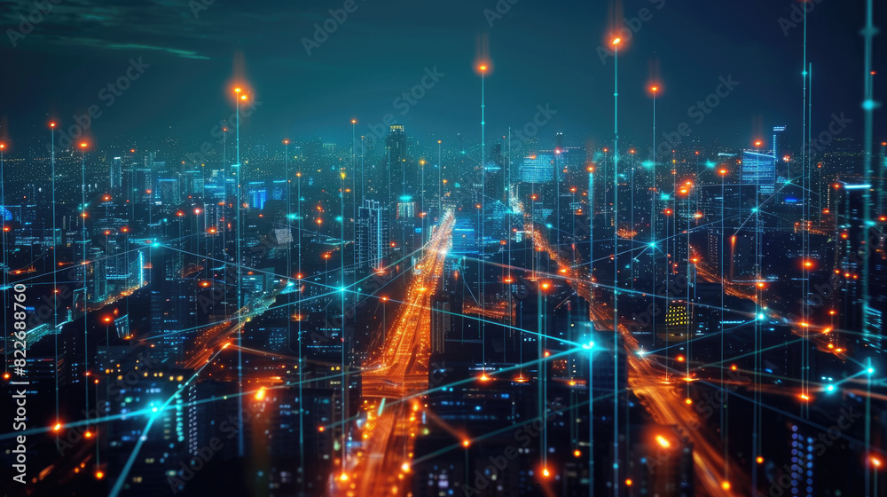 Canvas Prints aerial view of smart city at night, abstract background with digital connect lines and buildings. th