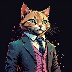 The cartoon cat is wearing a dress shirt, suit and tie.