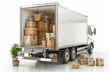 Modern delivery truck unloading boxes in a colorful residential neighborhood, showcasing efficient logistics and moving service