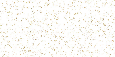 Gold and white terrazzo flooring texture. Vector seamless pattern with chaotic scattered golden confetti on transparent background. Luxury mosaic floor surface. Trendy design for decor, package, print