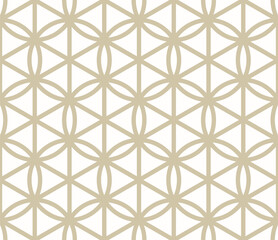 Golden vector geometric seamless pattern with curved lines, hexagons, triangles, circles, lattice, grid. Abstract luxury gold and white background. Simple texture in oriental style. Repeating design