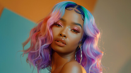 Naklejka premium Woman with ombre colorful pastel colors hair
