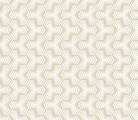 Golden vector abstract geometric seamless pattern with halftone lines, hexagon shapes in regular grid. Gold and white geometrical background. Simple trendy linear texture. Luxury modern repeat design