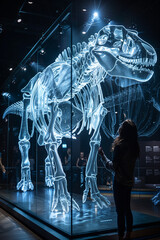 A modern museum showcasing the holographic projections of extinct animal skeletons, combining biological accuracy with futuristic technology in the Future Animal Museum