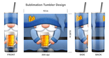 Funny Gnome Beer Lover cartoon character. Seamless sublimation template for 20 oz skinny tumbler. Sublimation illustration. Seamless from edge to edge. Full tumbler wrap.