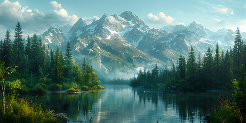 Obraz premium Sunrise over Majestic Mountain Ranges with Lush Green Landscape and Clear Blue Sky